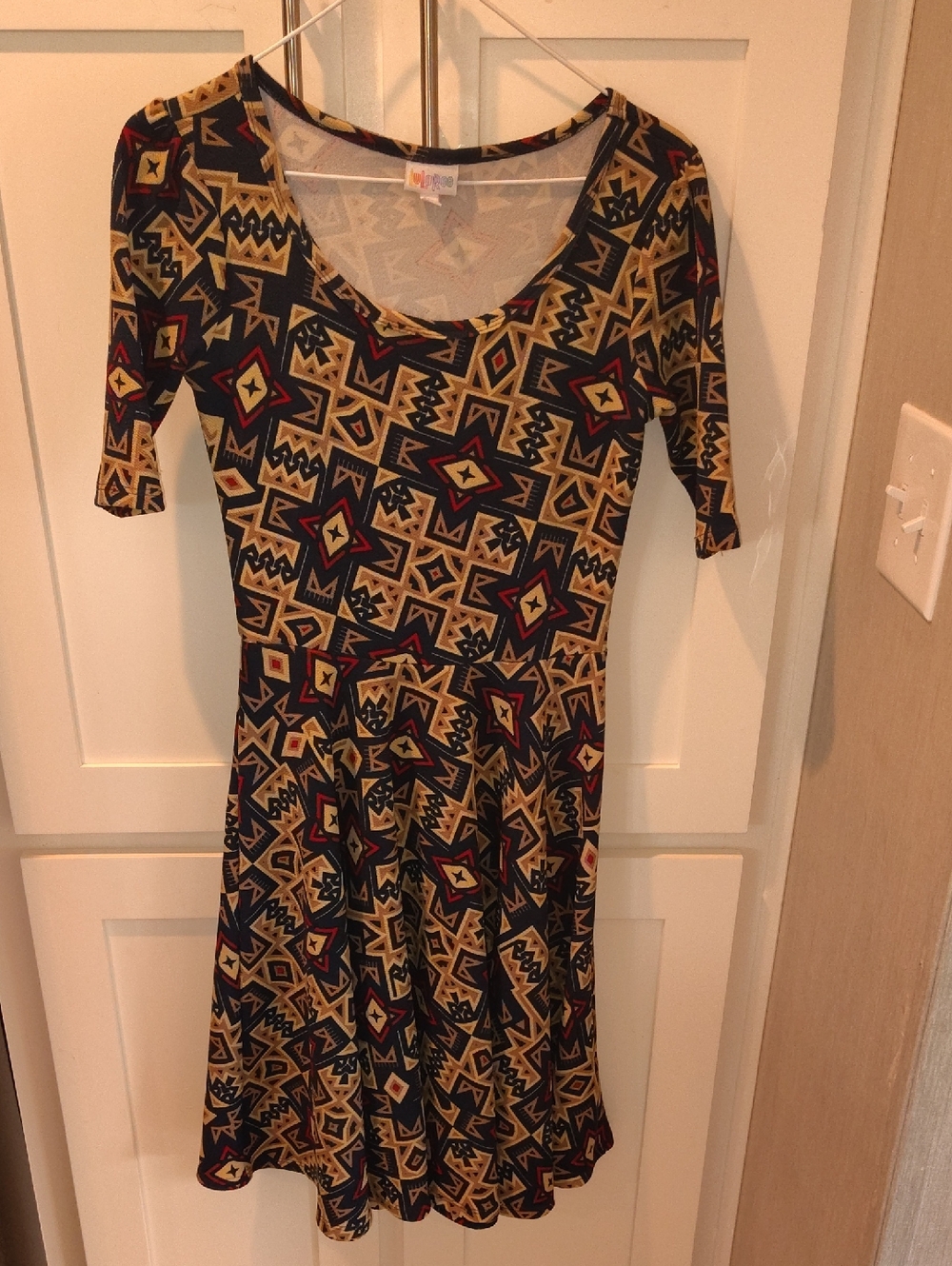 LuLaRoe Geo-Print Scoop Neck Midi Dress in Black, Gold and Red